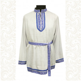 Рубаха мужская Колосок, лён белый, декор синий